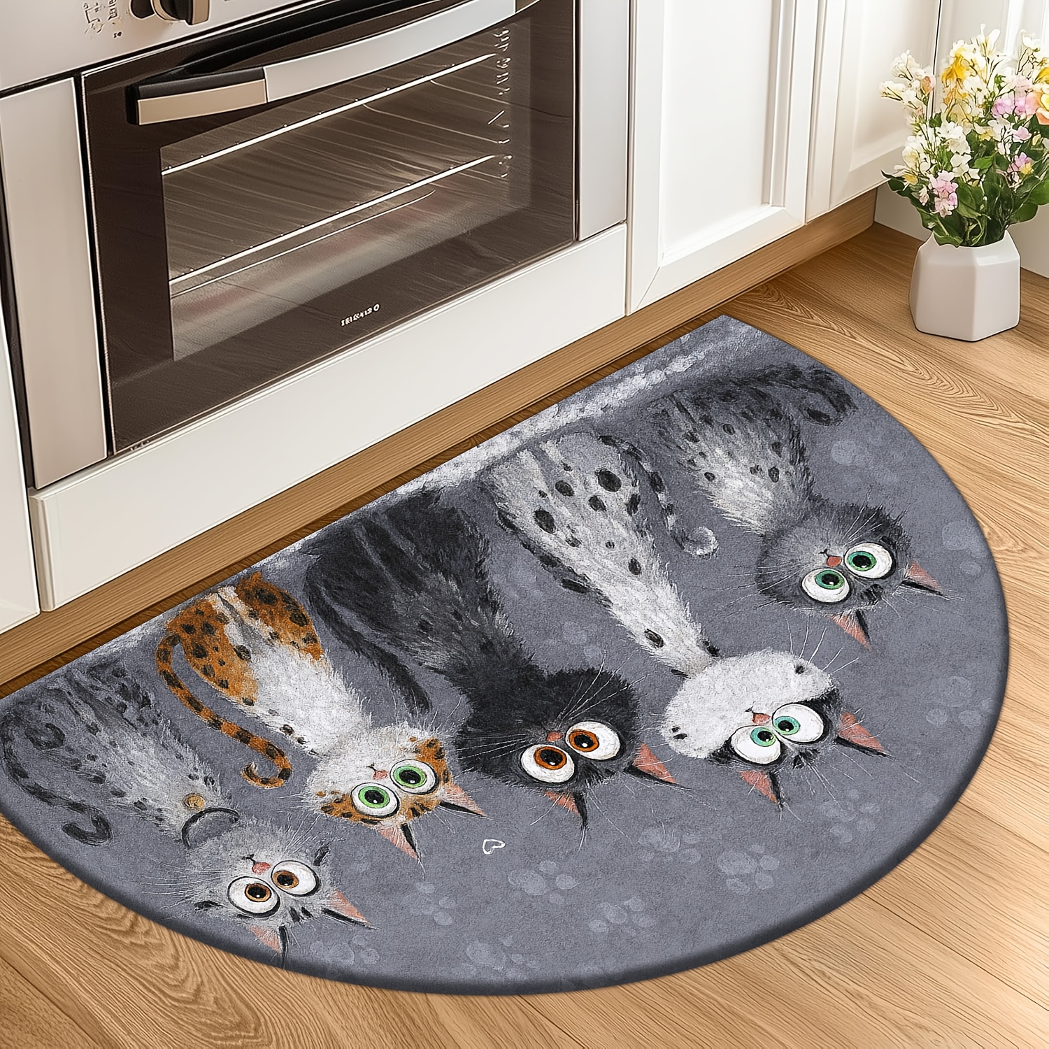 TEMU Product [flannel   1cm Thick Sponge Material] Fun Semi-circular Door Mat | 5 Cartoon Cats Sitting With Different , Gray Background With Light
