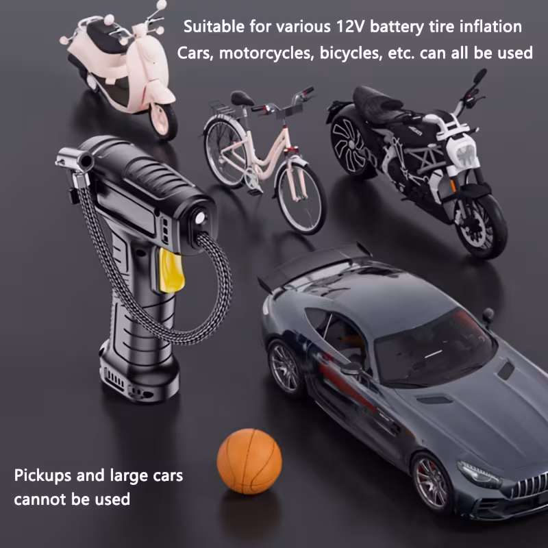 a compact air compressor for inflating tires this cordless perfect for cars motorcycles and bicycles it features pressure gauge and an led light making it ideal for tires and balloons details 7