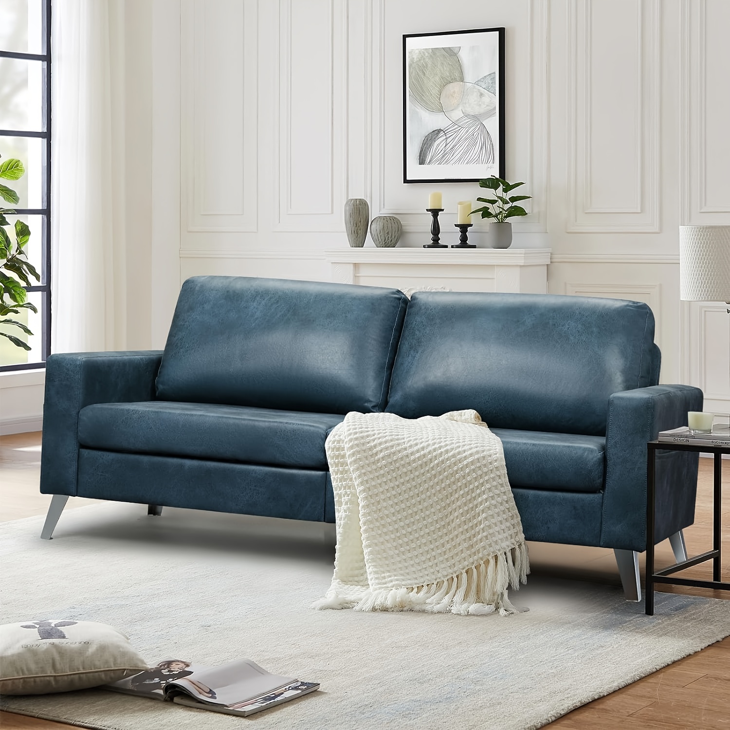Blue grey leather sofa discount