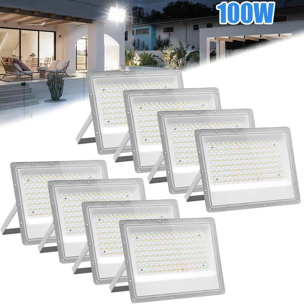 Image of 8pcs 100w Cool White Led Flood Light, Ip65 Outdoor Light, Aluminum Body, Patio And Garden Path Lighting, Outdoor Floodlight For Backyard, Driveway, Garage, Construction Site