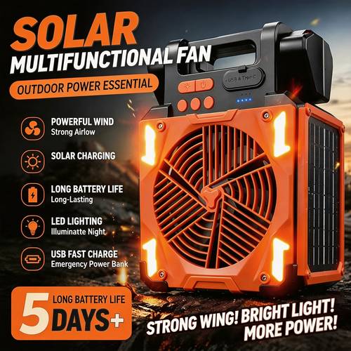2 1pc portable camping battery fan with solar panel rechargeable fan with timer led light small usb battery powered camping fans for travel picnic outdoor indoor cooling sleeping construction site camping gear and equipment fill