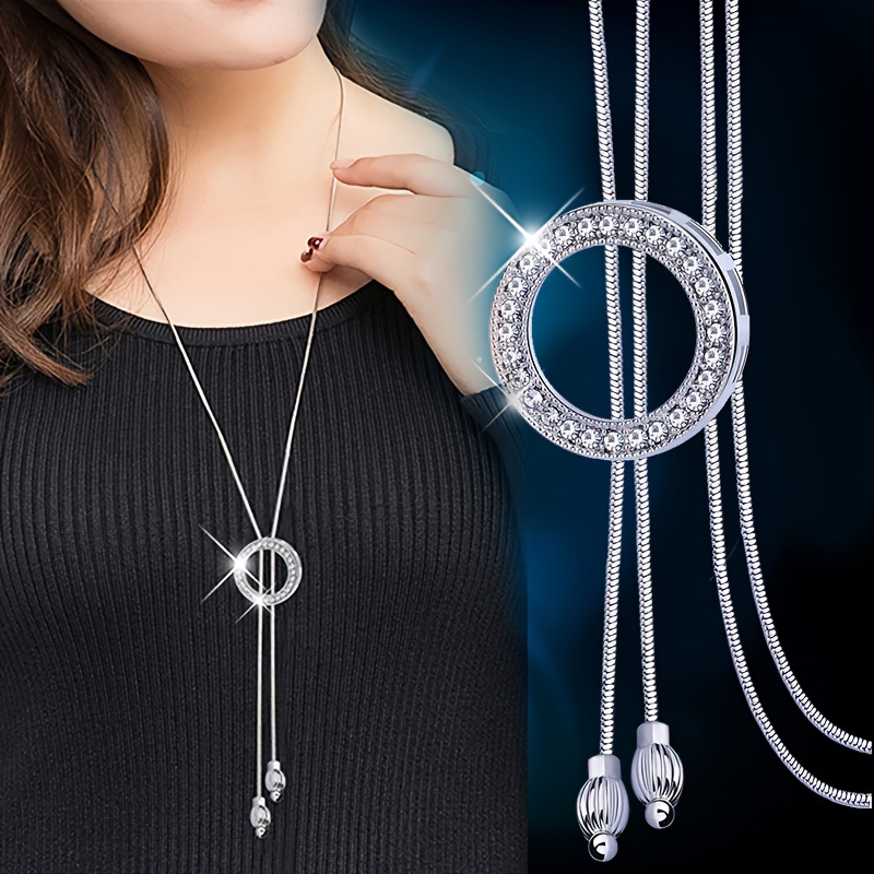 

Elegant Y-necklace With Circular Rhinestone Pendant, Zinc Alloy Long Sweater Chain Necklace For Daily Wear - Stylish & Versatile