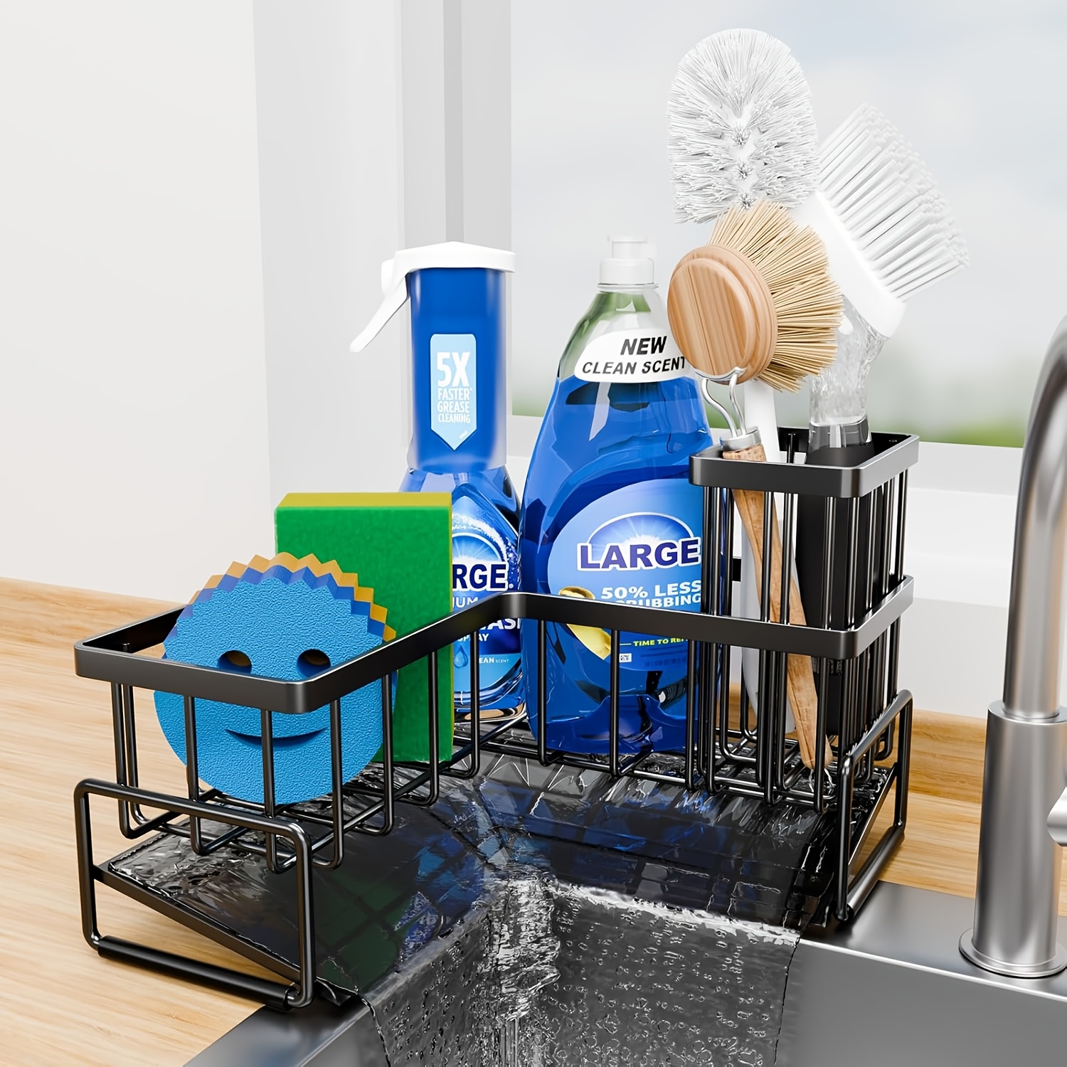 TEMU Large Sponge Holder For Kitchen Sink, 90-degree Sink Caddy Organizer With Dish Brush Holder For Countertop Corner Storage Rack, Metal L-shaped