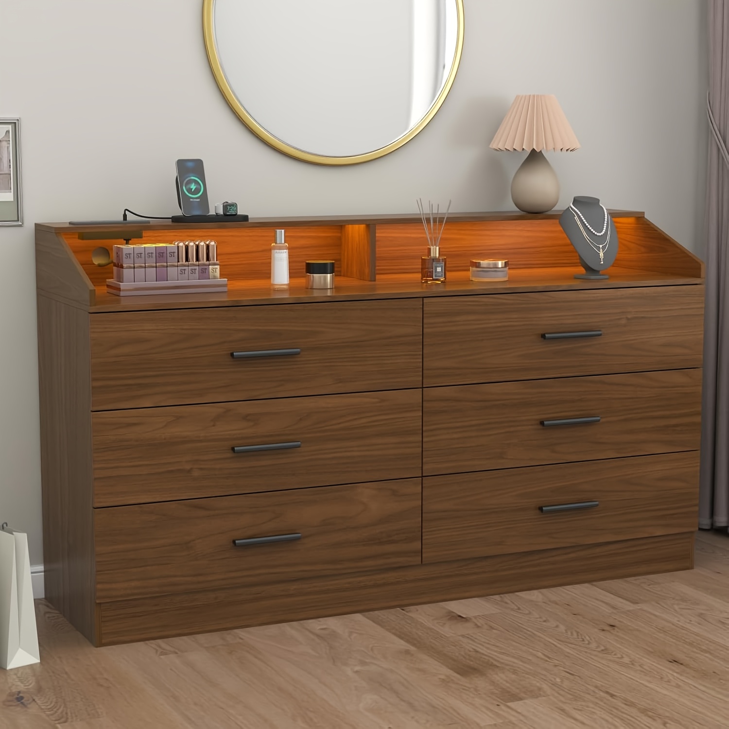 tocador led de 6 cajones con cargador usb y cerra - gabinete de almacenamiento moderno que con compatibilidad con espejo/mesa de tv, construcción en madera y mdf, montaje, acabado , alimentación enchufable y cajones con cerra para habitaciones pequeñas, mesita de noche, 2