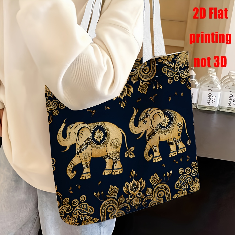 TEMU 1pc Women's Hemp Tote Bag With Golden Elephant Print - Reusable Shoulder Bag Suitable For Travel, Parties, Daily Use, Gift Handbag, Spacious
