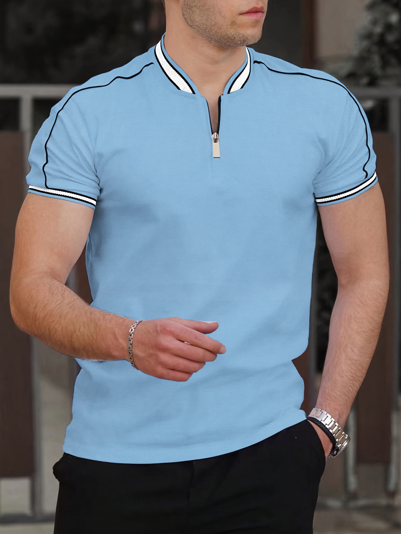 Men'S Casual Short Sleeve Polo Shirt - Beige with Black Side Stripes, Comfortable Breathable Fabric, Mandarin Collar, Zipper Detail, Perfect for Sports, Outdoor Activities & Casual Wear, Sports Casual Wear | Minimalist Design | Comfortable Fit