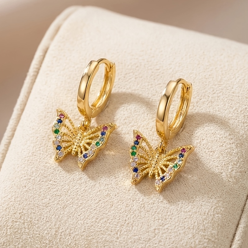 TEMU A Pair Of Fashionable European And Exquisite Inlaid Colorful Synthetic Zirconia Heart Pendant Earrings Copper Women's Temperament Earrings