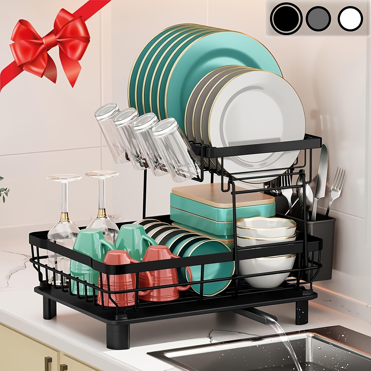 TEMU Dish Drying Rack, Dish Rack, Drying Rack Kitchen With , Dish Drainer With Removable Utensil Holder And Swivel Spout (black, 2 Tier)