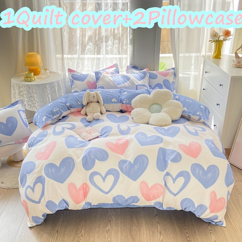 Image of Ins-style Cartoon Cute Love Admiration Duvet Cover Set, 1 Duvet Cover + 2 Pillowcases, Comfortable And Breathable, Machine Washable, Fade-resistant And Shape-retaining, For A Comfortable Sleep