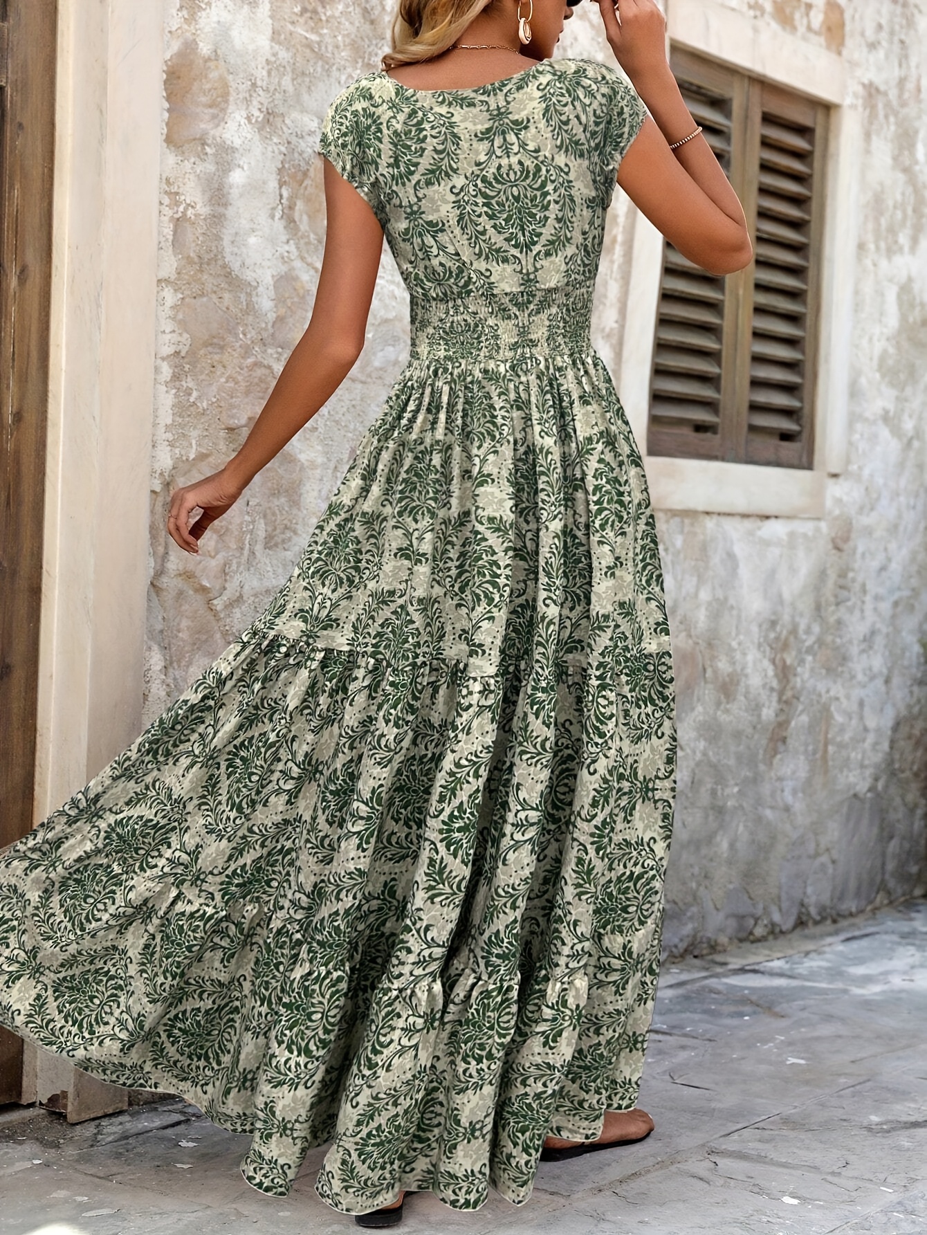 Spring/Summer Vacation New Women'S Printed Patchwork Short-Sleeve V-Neck Long Dress