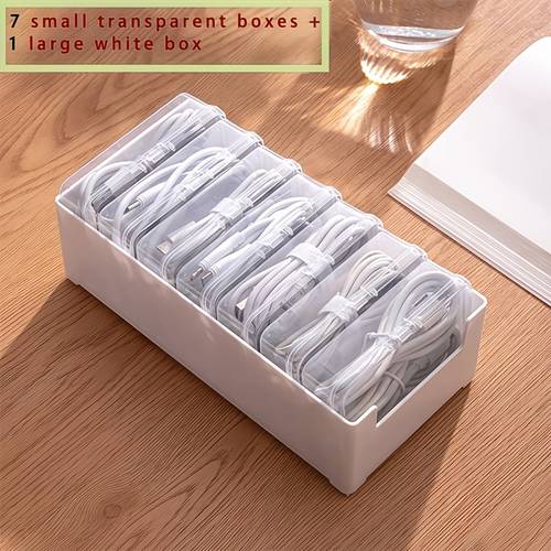 item picture transparent cable organizer set 7 small boxes 1 large box lightweight clear desktop cable management box wire and charger storage solution for home office desks space saving desktop storage solution suitable for office