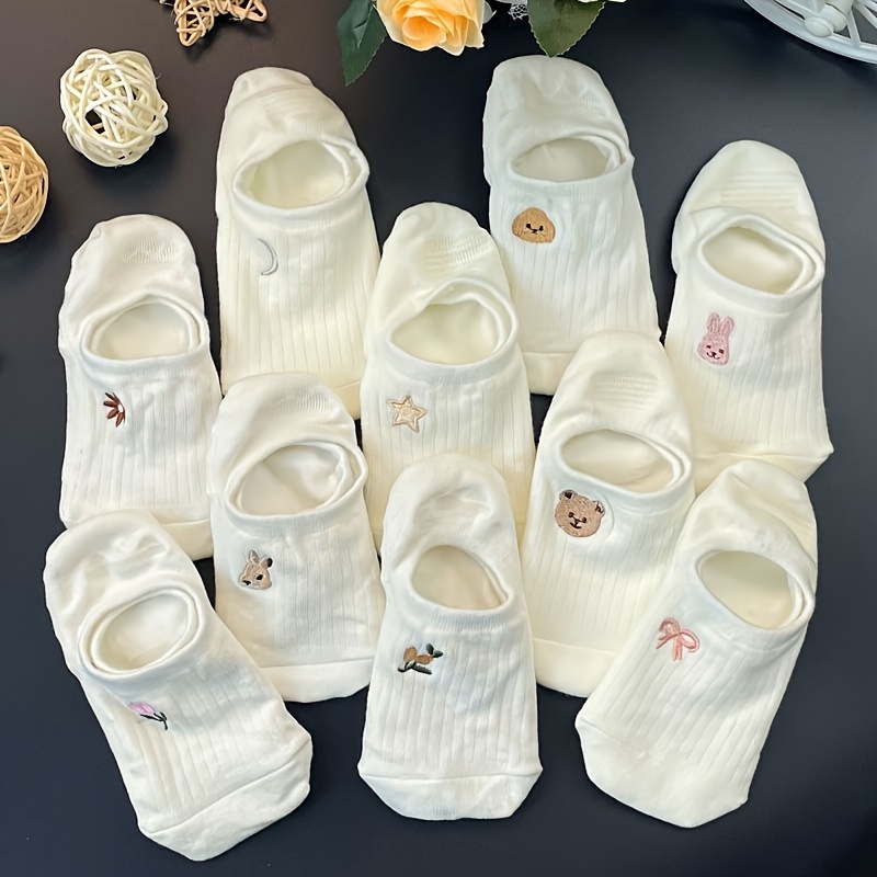 TEMU 10 Pairs Animal Embroidery Socks, Simple & Breathable Invisible Socks, Women's Stockings & Hosiery