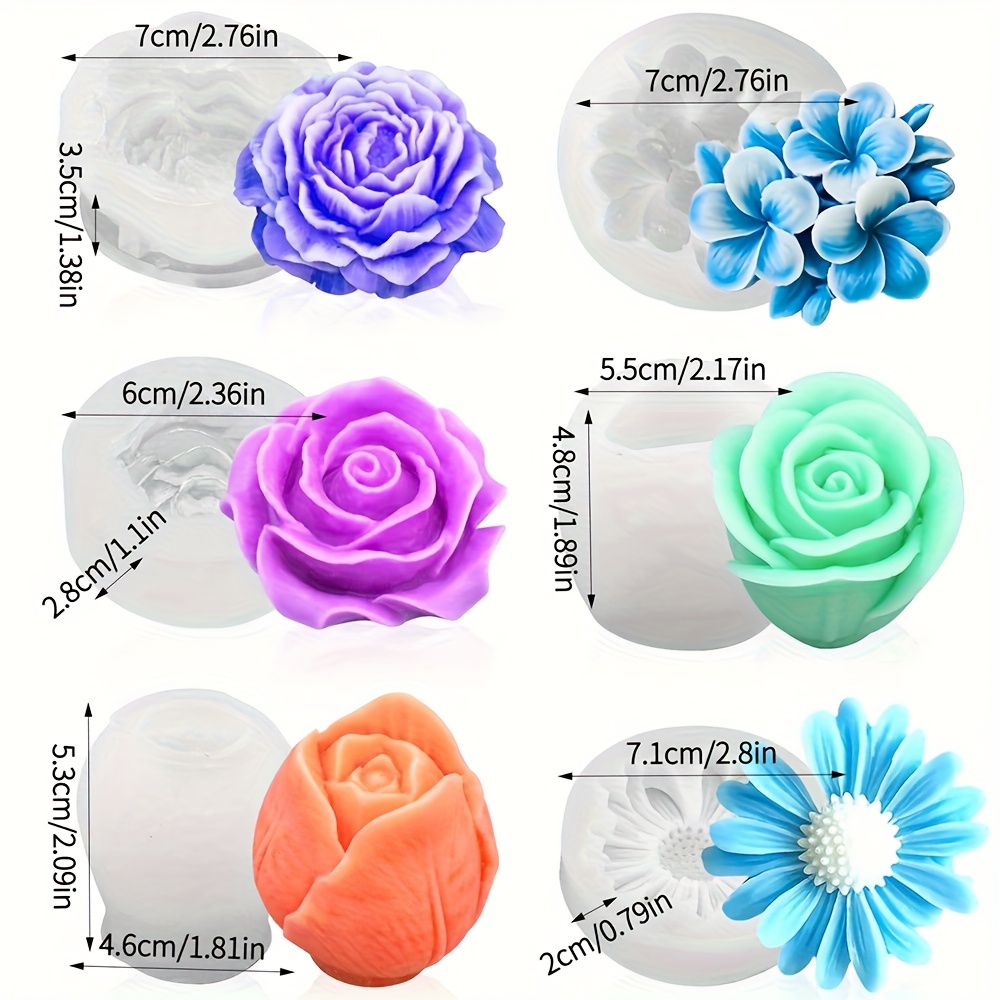 E-shop 6-teiliges Blumen-Silikon-Kerzenformen-Set – Rose, Gänseblümchen, , , Pfingstrose & mehr | Für DIY-Kerzenherstellung mit Sojawachs, Bienenwachs,