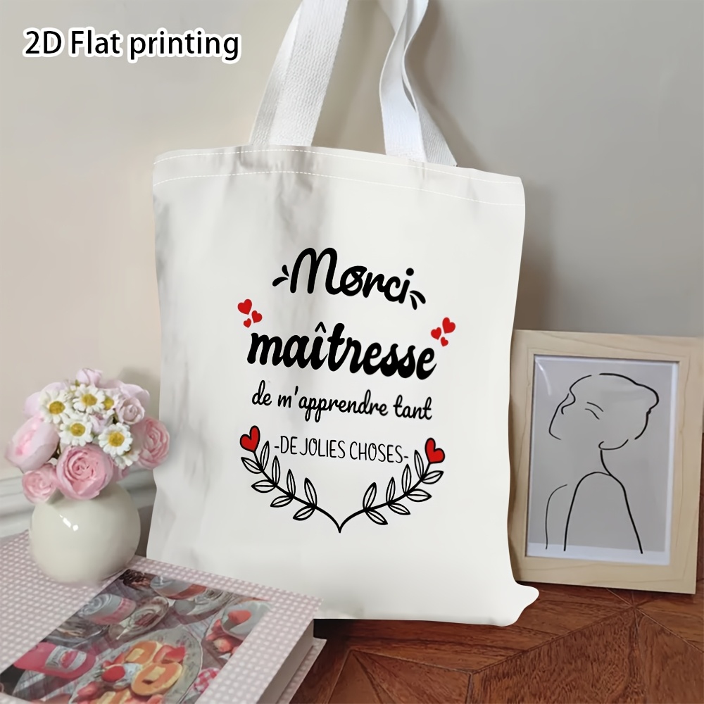TEMU Sac fourre-tout français " " 2D plat, impression , 1 pièce - Blanc élégant avec noir et cœur rouge, sac de voyage durable, cadeau pour