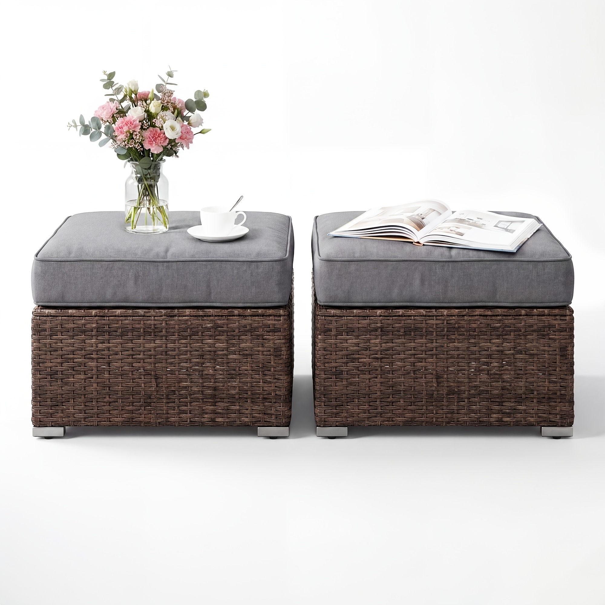 2pcs Large Square Outdoor Wicker Ottoman Set with Thick Cushions - All-Weather PE Rattan Suitable for Garden, Poolside, Patio Furniture, Grey/White Cushioned Stool, Footrest for /Outdoor Use, Assembly & Low Maintenance