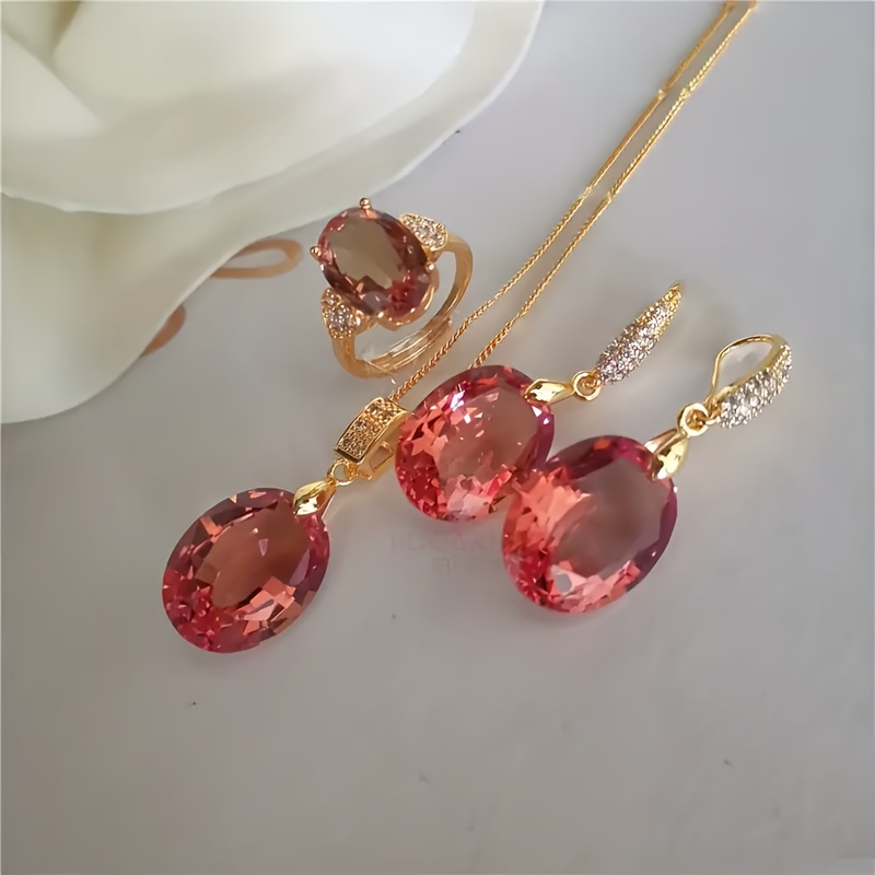 

Elegant 4-piece Color Changing Gemstone Jewelry Set - 24k Gold Plated Necklace, Ring And Earrings, Women's Fashion Accessories, Comes In A Beautiful Gift Box