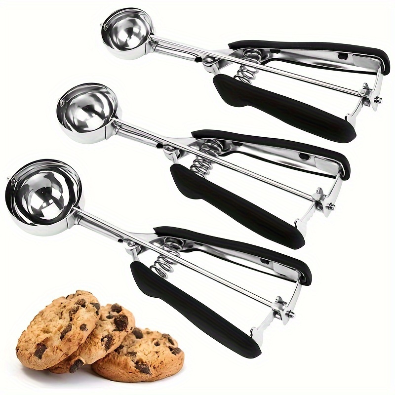 

3-piece Stainless Steel Cookie Scoop Set With Non-slip Rubber Handle, Uncharged Power Mode, Includes 1/2/3 Tablespoon Sizes, 18/8 Baking Scoops With Trigger Release For Ice Cream And Cookie Dough.