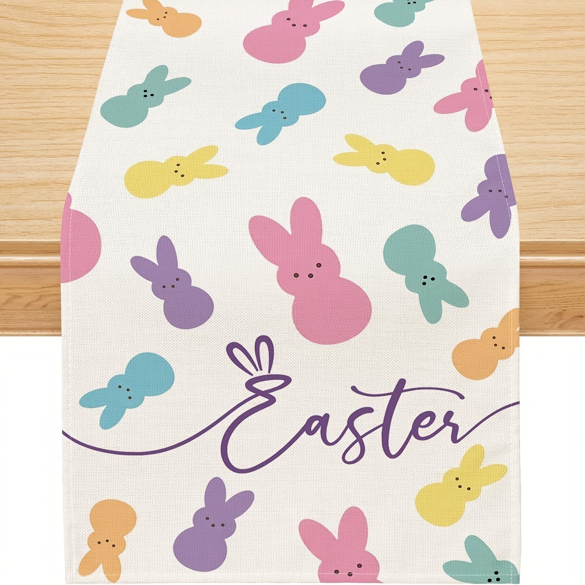 

1pc Easter Bunny Table Runner - 100% Linen Woven Rectangular Table Decor With Design For Spring Holiday Indoor Outdoor Dining Decoration