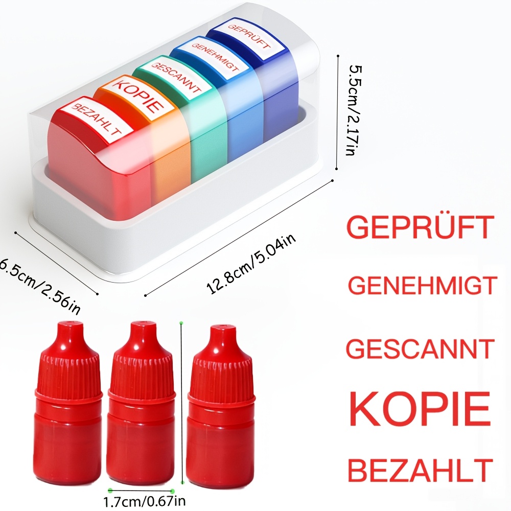 Image of 5pcs / 5pcs + 3 Bottles Refill Office Paid Stamp Set, German Financial Stamp, Automatic Business Stamp - Suitable For Third-party Business, Accounting, Work (with Storage Tray)