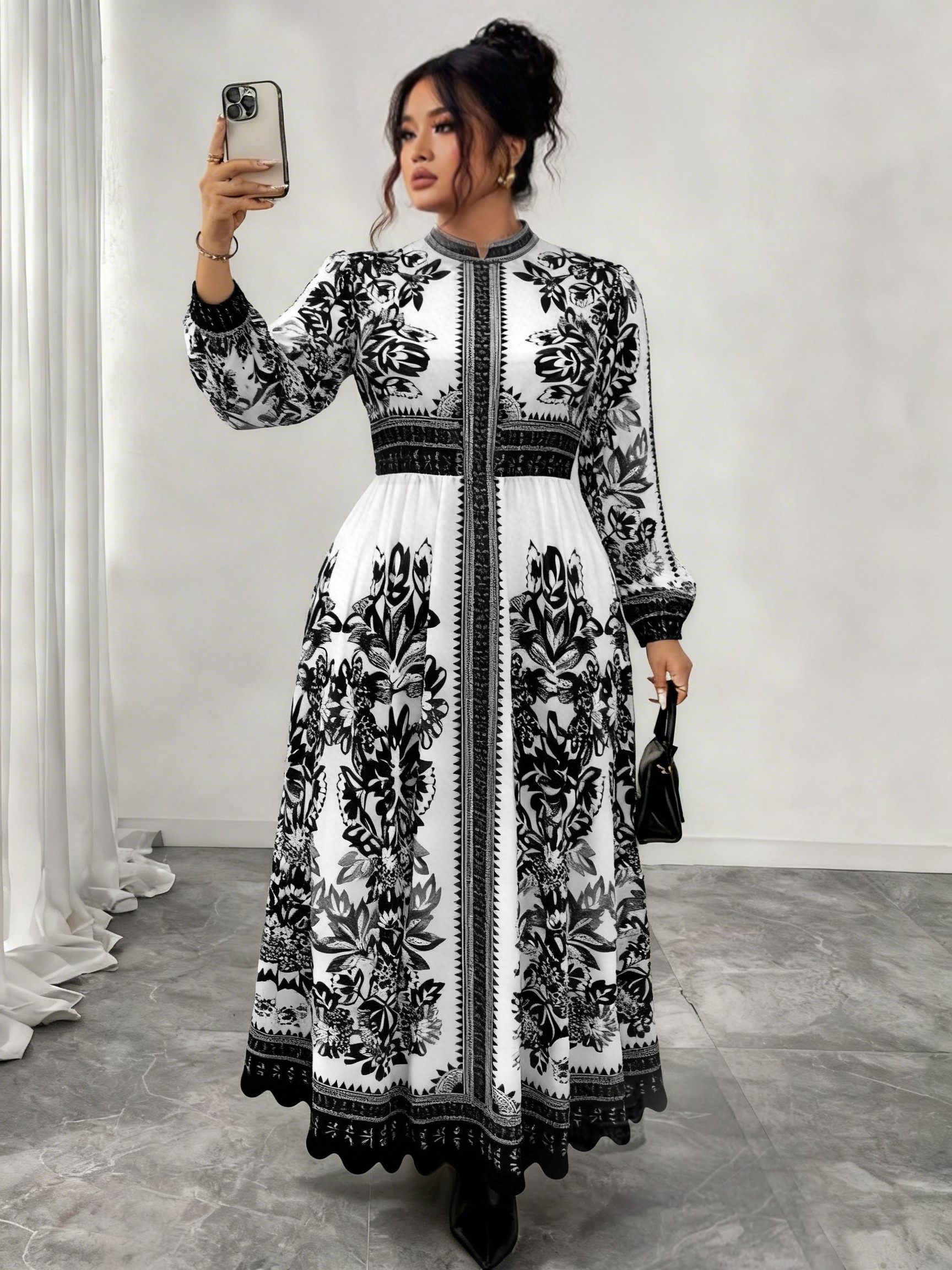 Plus Size - Plus Size - Plus-Size Women'S Long Pleated Dress with a Round Neck And Waist-Cinching Design for a Effect, Featuring Long Sleeves with Paisley Prints, Perfect for Afternoon Tea And Casual Wear