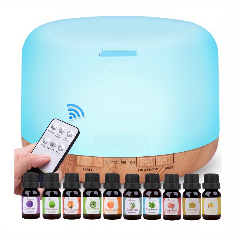 

500ml Light Wood Grain Humidifier, Indoor Aromatherapy Diffuser With Remote Control And 10 Bottles Of Essential Oils With Silent Design, Timer And Auto-off Function For Office, Living Room And Bedroom