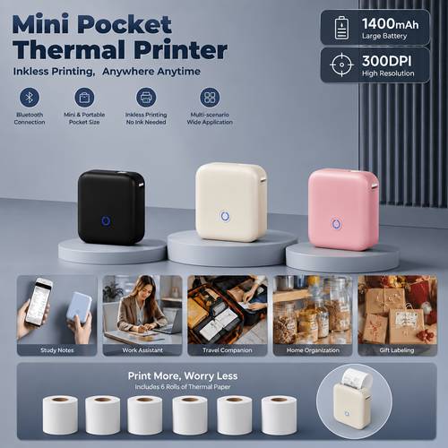 compact printers pocket printers thermal label printers 6 rolls of thermal paper and wireless portable receipt printers suitable for printing photos diaries notes and