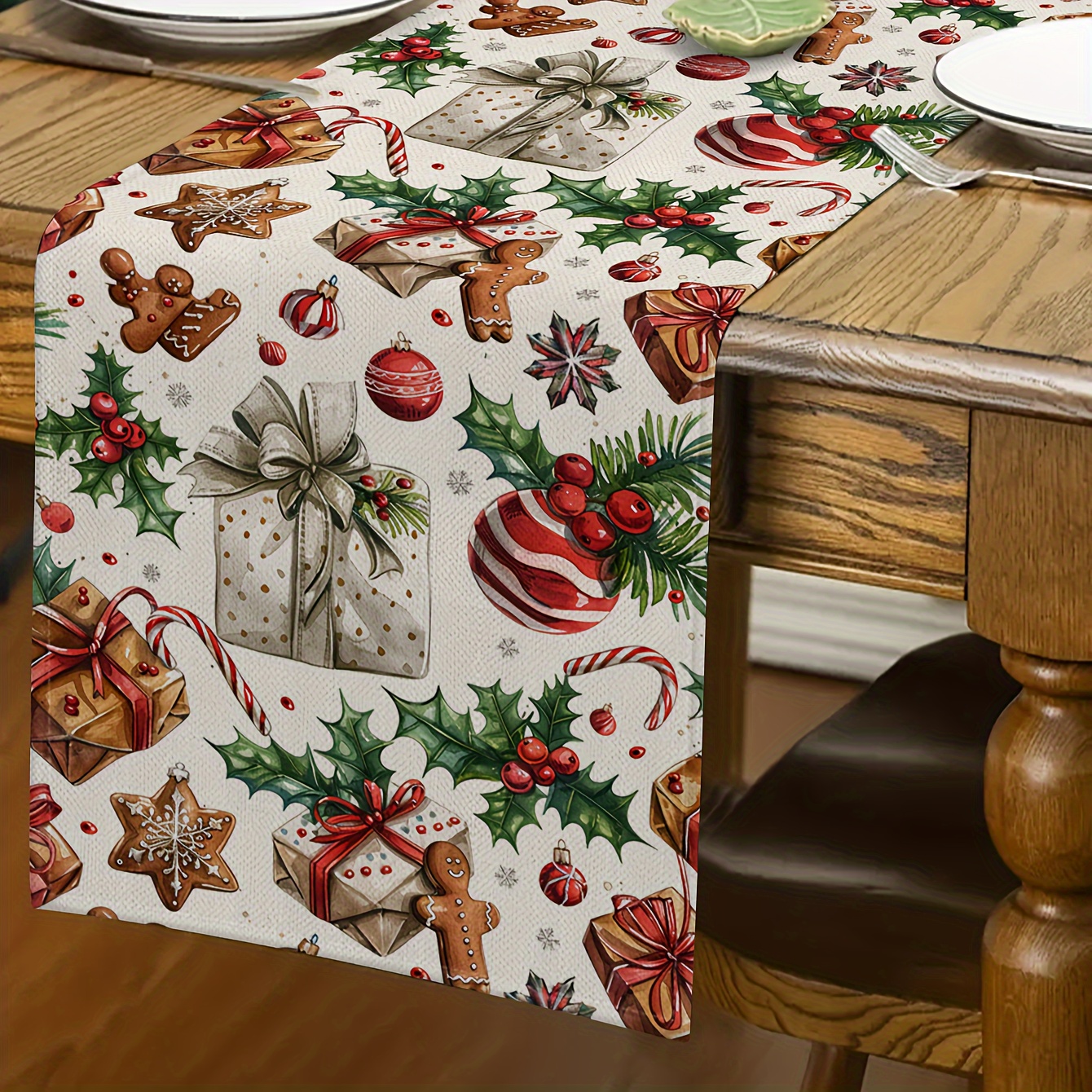 

1pc Linen Christmas Table Runner, Vintage Santa & Reindeer Design, Rectangular, Festive Holiday Home Decor, Indoor & Outdoor Use, Kitchen & Dining Room Fabric Tablecloth, Woven Knit Fabric Cover