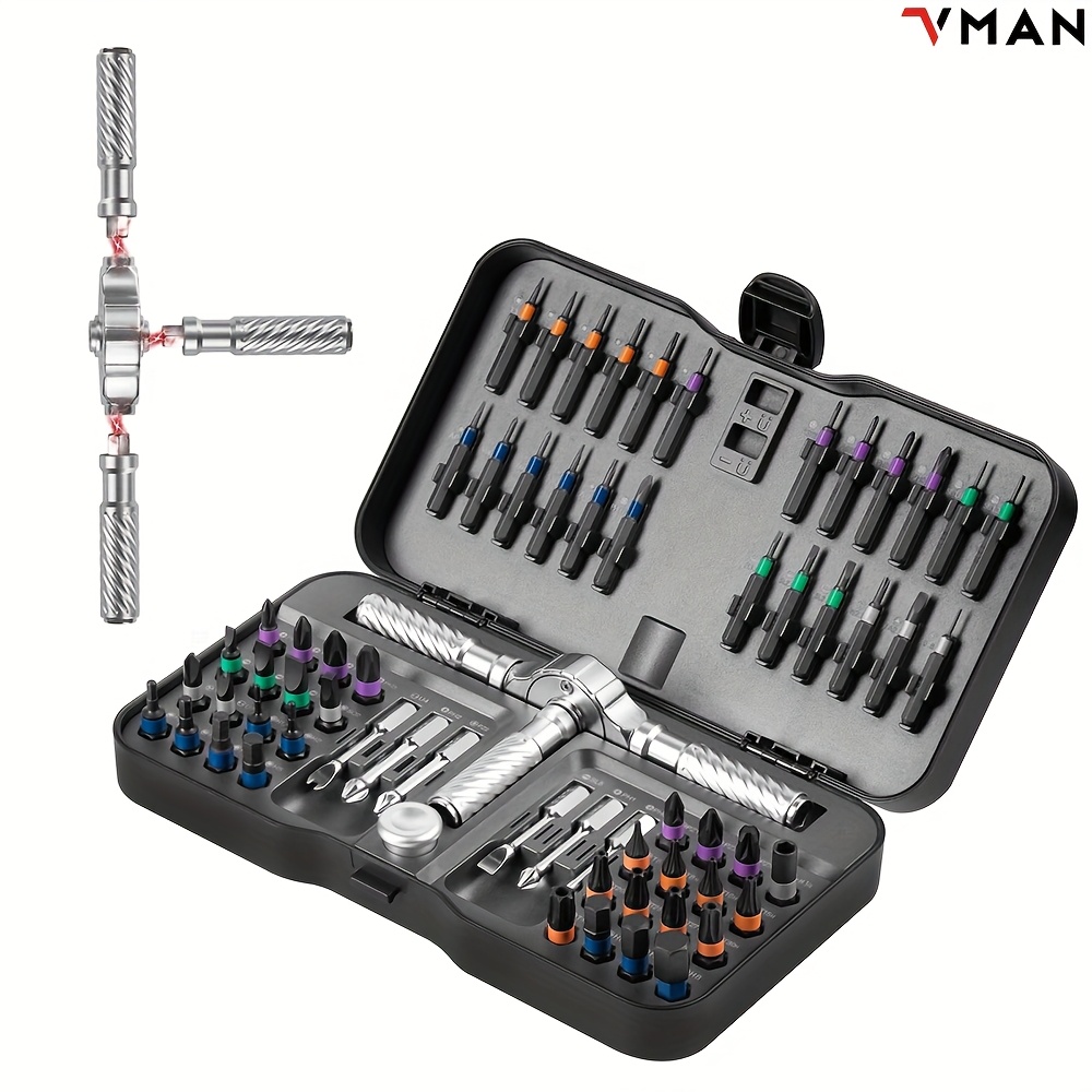 E-shop Ein 66-in-1 Ratschenschraubendreher-Set mit 62 Magnetbits. Dieses tragbare Set enthält einen multifunktionalen Griff mit einem Magnetisierer und
