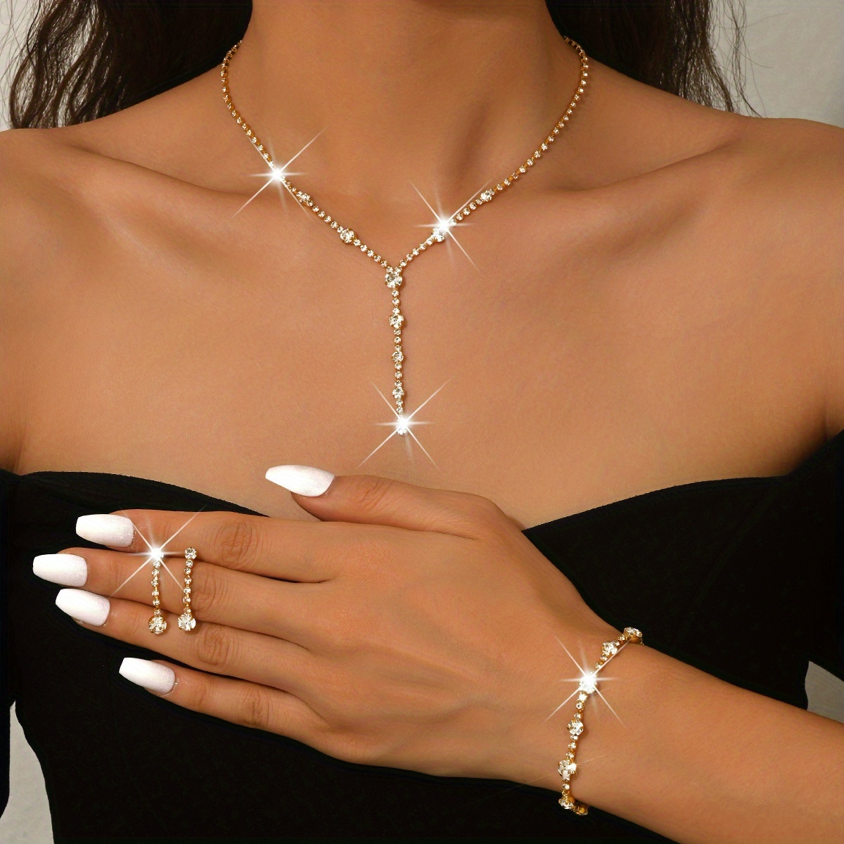 Image of A Luxurious Y-shaped Tassel Jewelry Set That Includes A Necklace, Earrings, And A Bracelet, Perfect For Brides , And Suitable For Parties