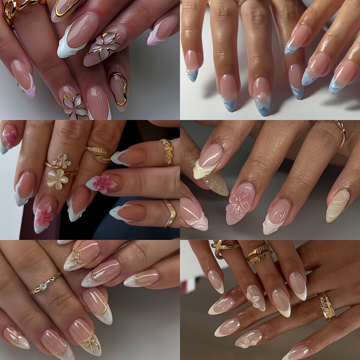 TEMU Ensemble de 144 faux ongles à coller en de style français moyen, pâle, motif floral 3D français, nœud et autres décoratifs, disponible en 12
