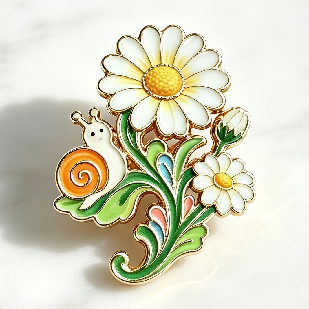 TEMU Épingle en émail Marguerite associée à un escargot de dessin animé. assortie avec des manteaux, des robes et des sacs à dos en toile. Convient