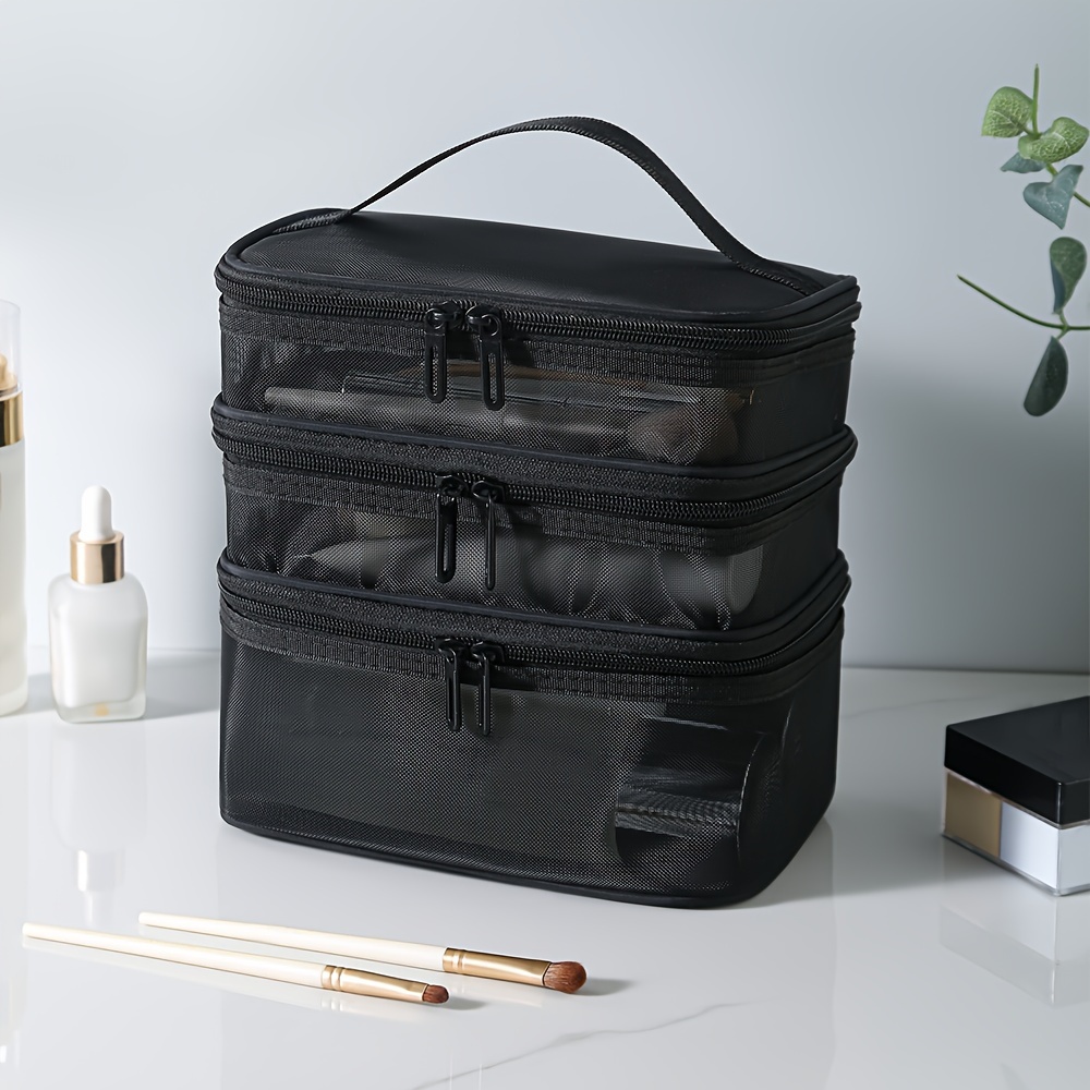 Three-layer Cosmetic Bag, Solid Color Mesh Large Capacity Cosmetic Storage Bag, Portable Travel Beauty Tools Storage Bag