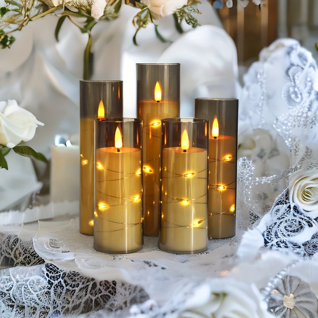 Flikkerende Vlamloze LED Kaarsen met Afstandsbediening en Timer, 5 Stuks Batterijgevoerde Kaarsen met Ingebouwde Fee Lichtsnoer voor Thuis Bruiloft Kerst- en Feestdecoratie Romantische Sfeer, Stevige Acryl Schaal, Grijs