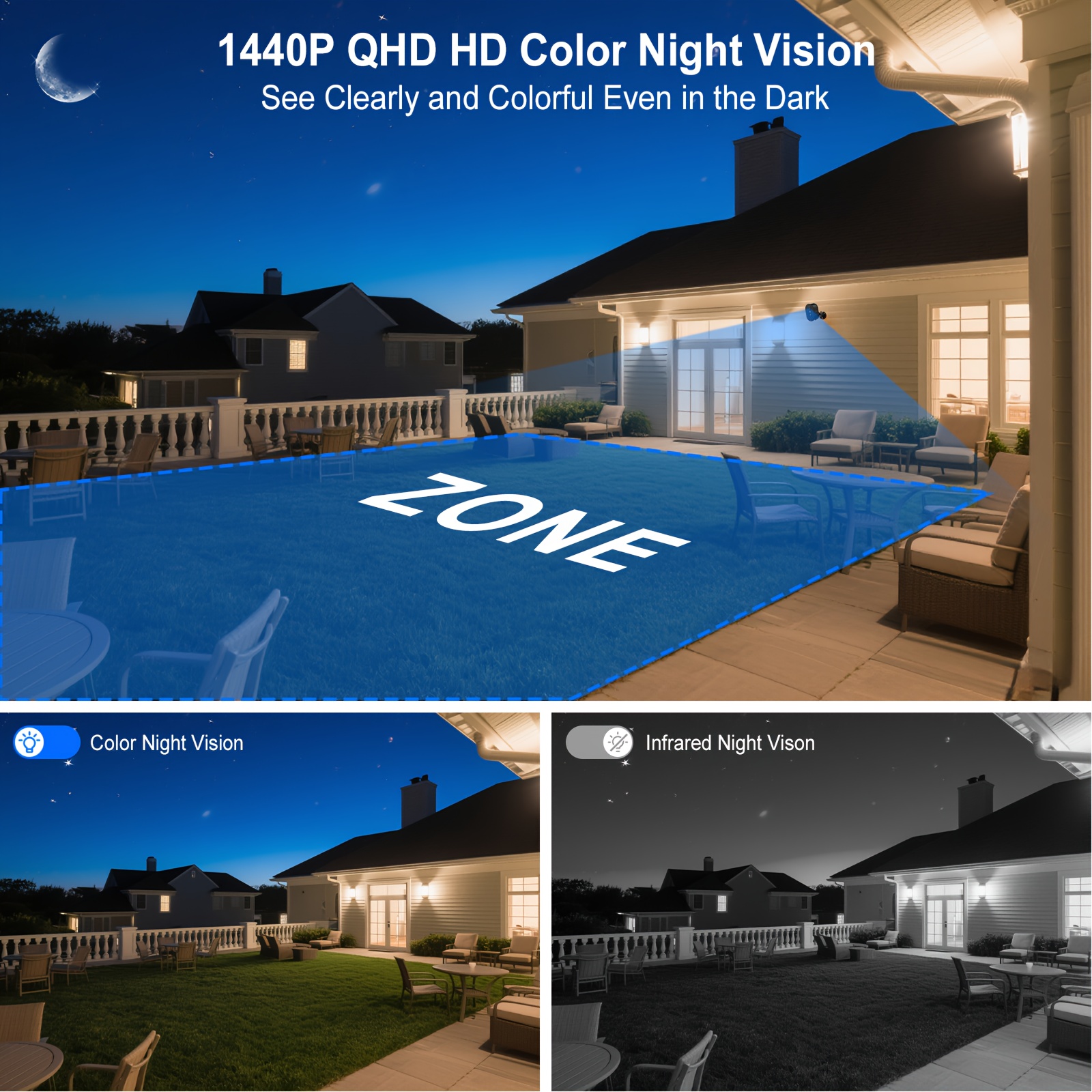 2 caméras de surveillance extérieures, 4MP 2K sans fil avec panneau solaire, batterie, WIFI 5G&2.4G, vision nocturne en couleur, détection de mouvement PIR et alarme, compatible Alexa, audio bidirectionnel, stockage cloud ou carte SD, noir, protection IP65