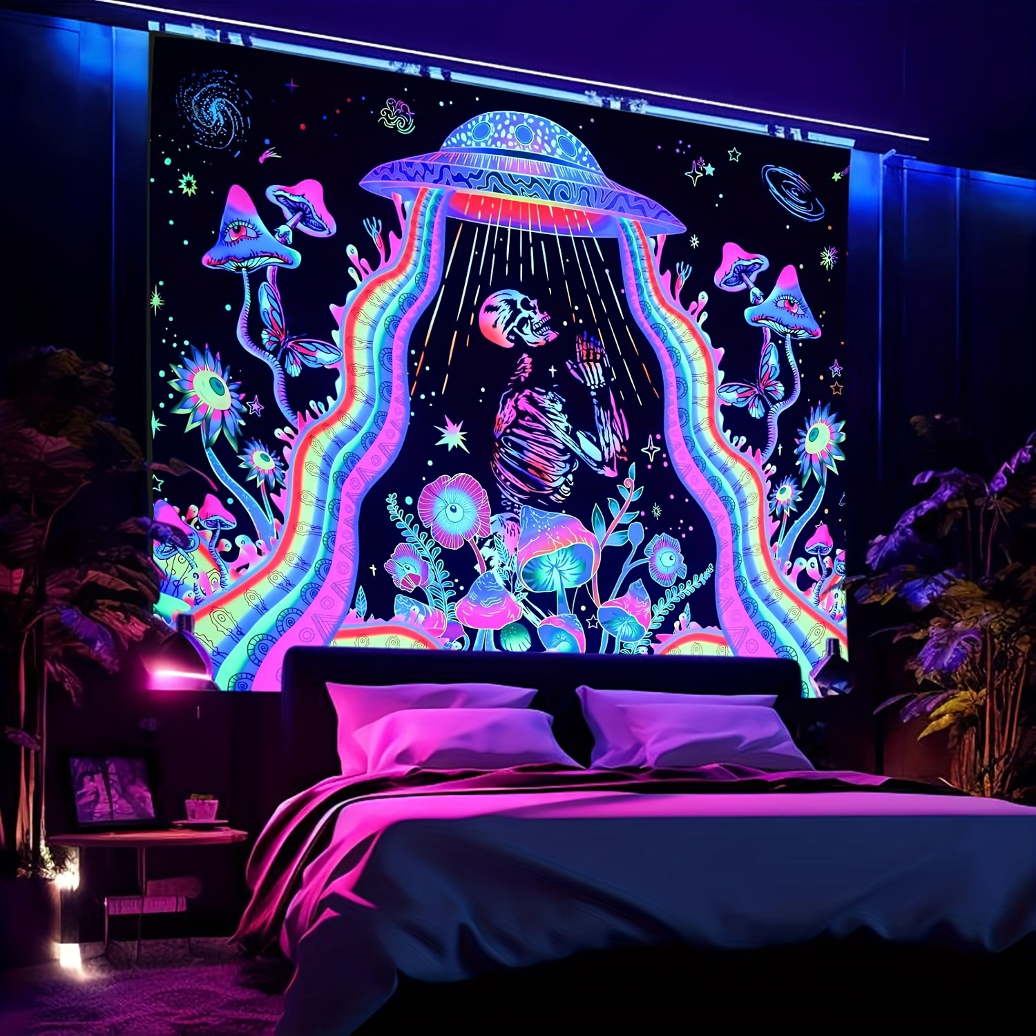 TEMU Sinsoledad Blacklight Tapestry For Bedroom, Glow In The Dark Mushroom Floral Wall Hanging, Black Light Ufo Skeleton Tapestries, Cool Space Galaxy Tapestry For Men Dorm Room Decor 59"x51"