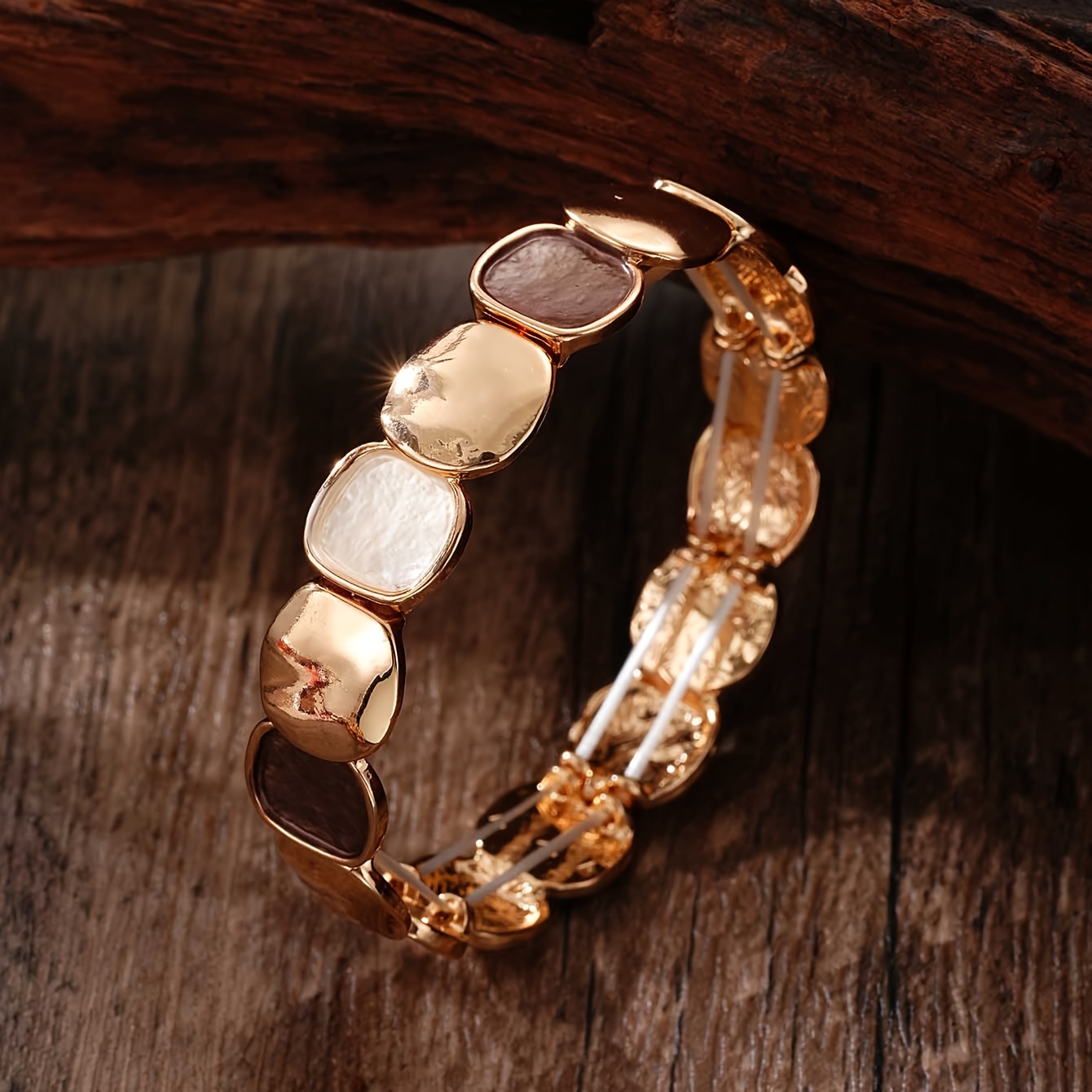 Image of An Elegant Vintage-style Kc Gold-plated Alloy Elastic Bracelet Featuring A Unique Irregular Square Design - Rose With Multicolored Gemstones, Suitable For Casual Wear Or As A Unisex Gift