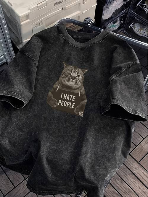 item picture mens washed and distressed short sleeved t shirt fun and funny cat print pattern fabric loose fit y2k street style pullover casual sports comfortable wear
