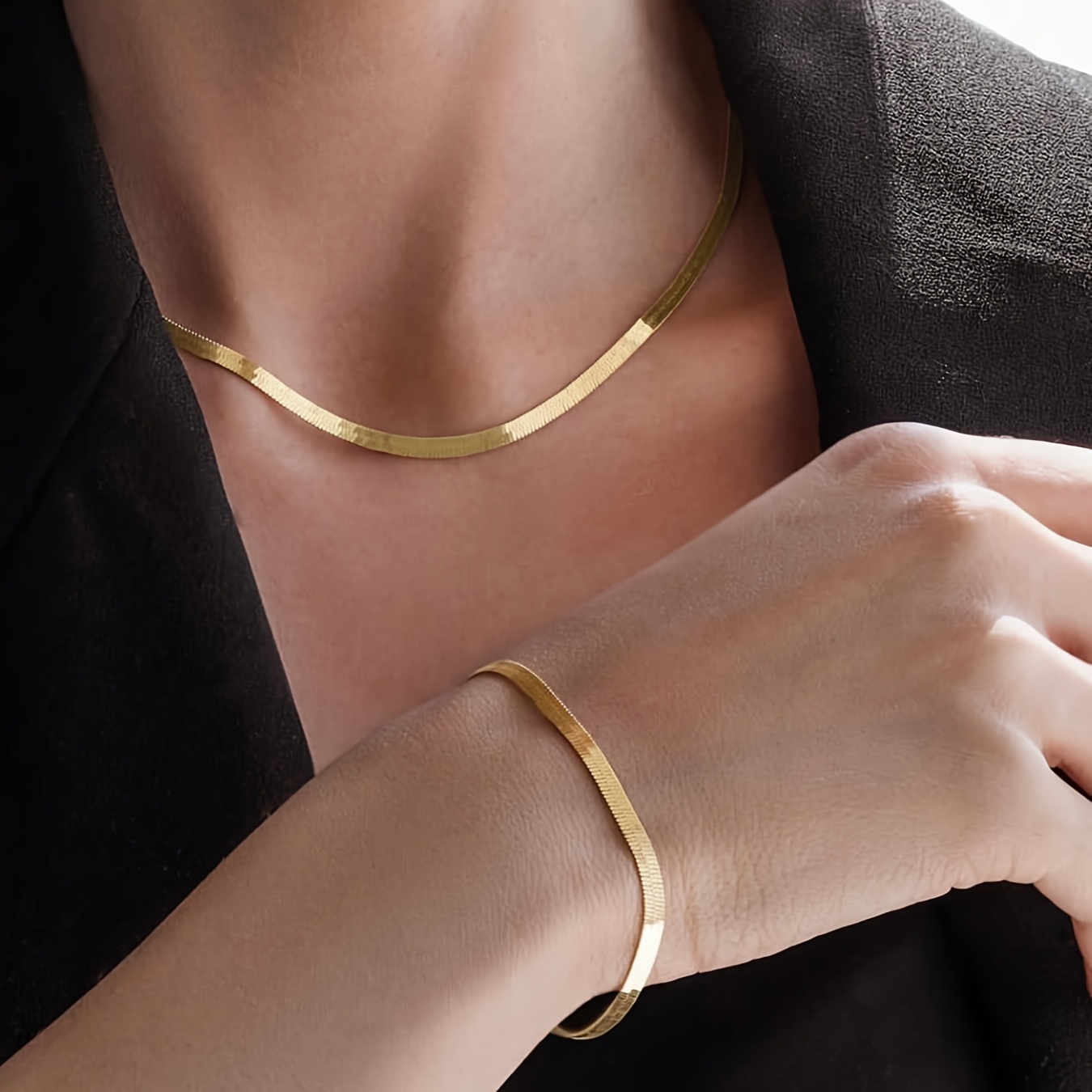 TEMU 2pcs Set, Iron Chain Snake Bone Chain Necklace *1, Bracelet *1 Set, Easy, Fashionable And Sexy Snake Bone Chain Close-fitting Necklace Bracelet