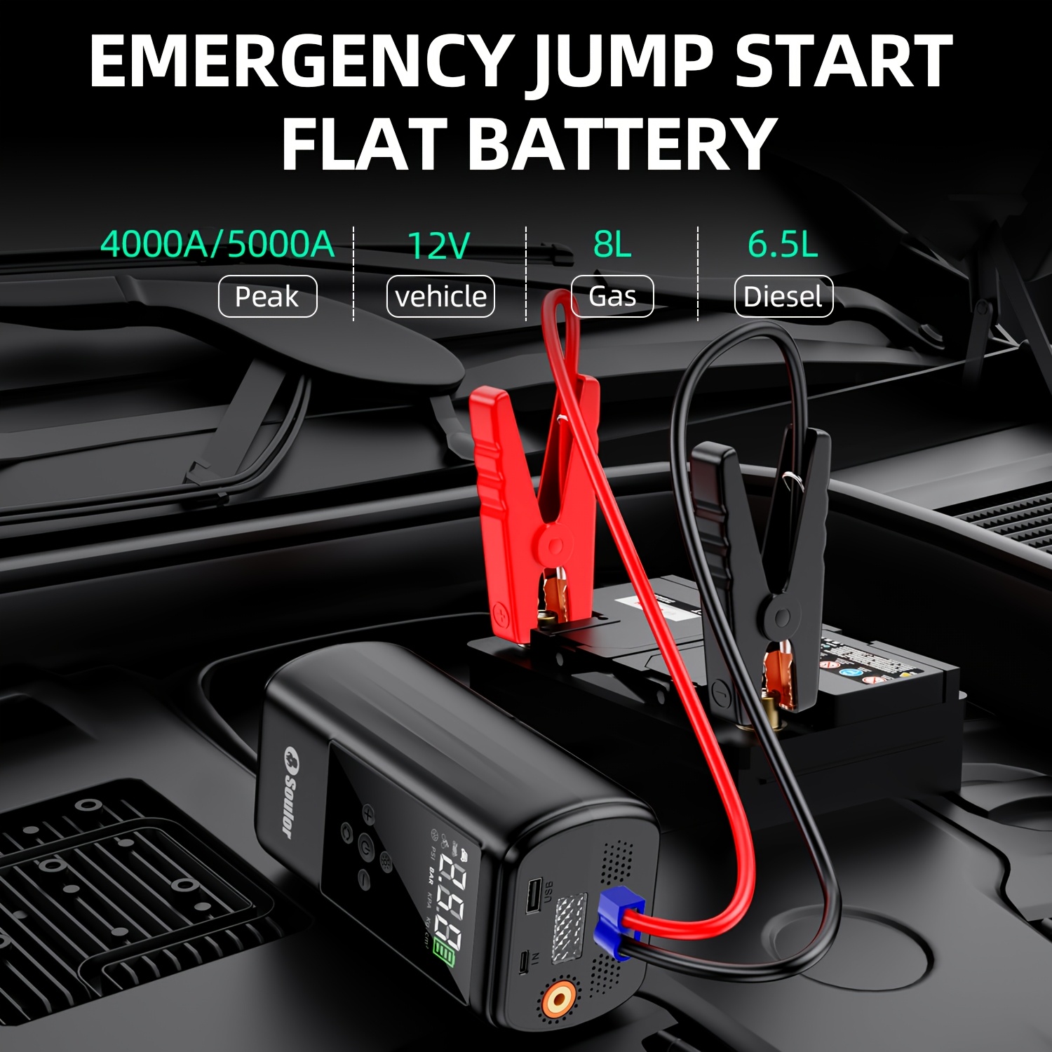 Soulor Car Jump Starter, 3000A to 6000A Portable Starter Power Supply, 2-In-1 Inflatable for All-In-One Multi-Functional Upgraded Version, 12V Quick Start Car, Suitable for All Cars, LED Emergency Lights, Compass, USB Input/Output