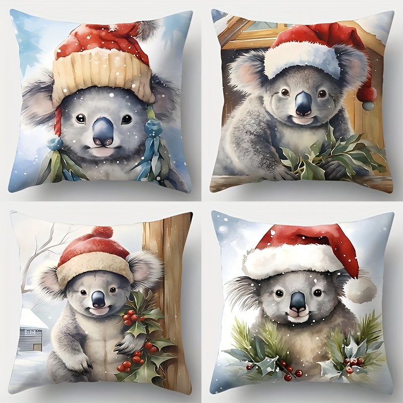 

4pcs Christmas Koala Throw Pillow Covers, 17.7x17.7 Inch, Contemporary Style, Hand Wash Only, Zipper Closure, Woven Polyester, Single-sided Print, Decorative Cushion Cases For Living Room - No Insert