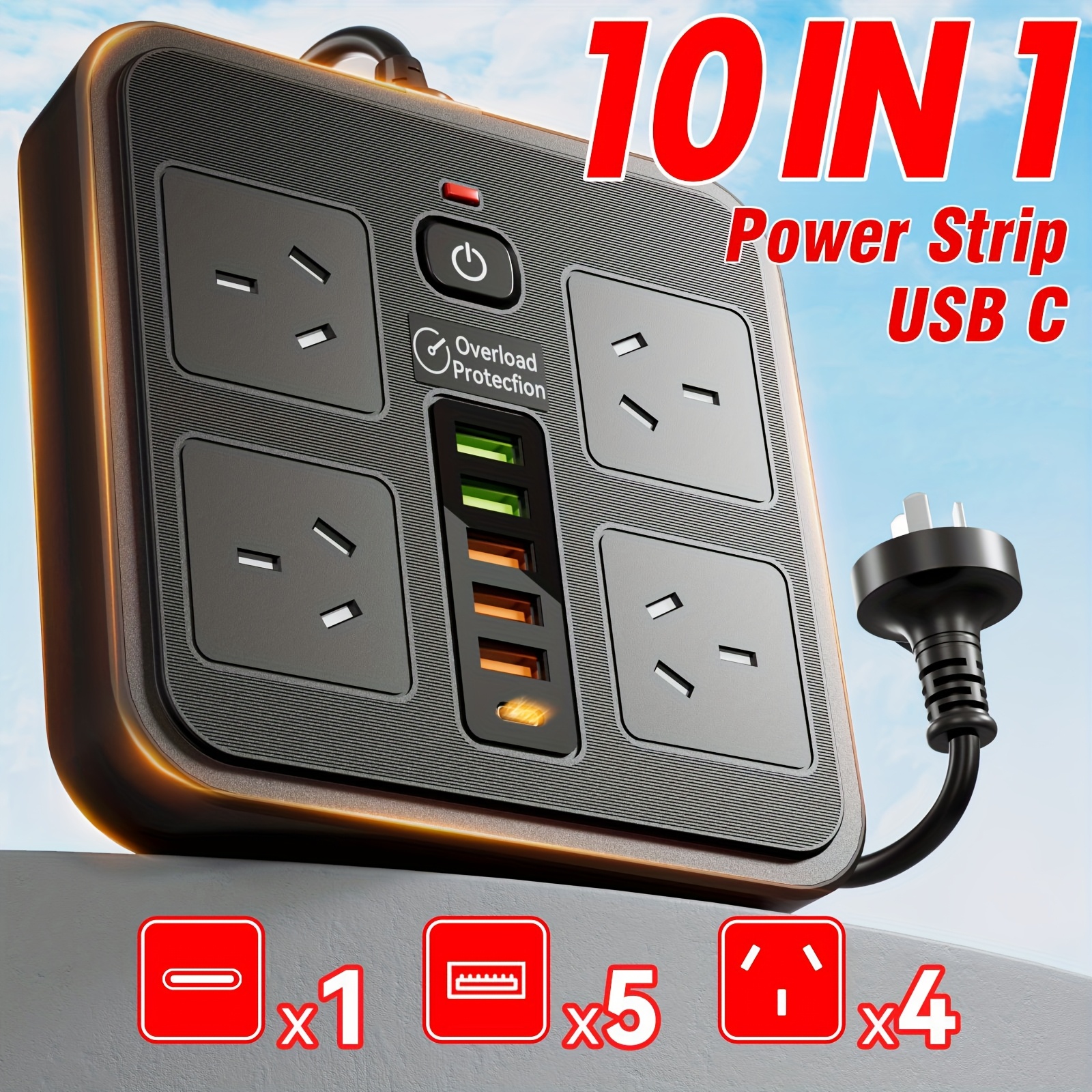 TEMU Powerboard Usb, 10-in-1 , Power Board Protector With 4 Outlets, 1.6 Meter Extension Cord With 1 X Usb-c And 5 X Usb 2500w Protection, Wall