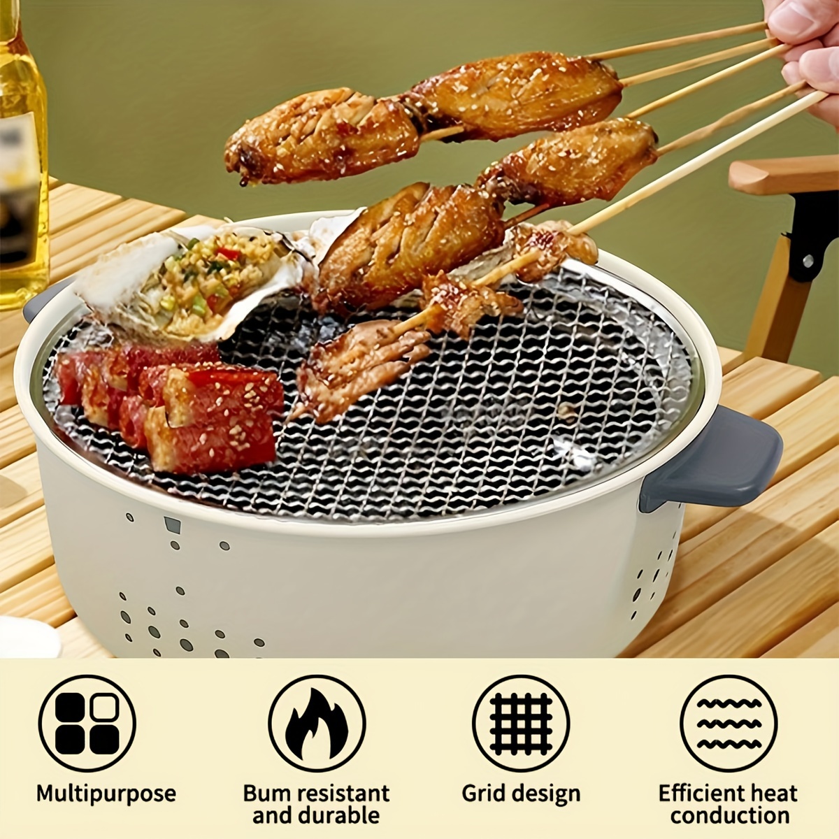 11&*; Portable Smokeless Charcoal Grill White Iron Mesh Outdoor BBQs  Camping, Ideal for Seafood Meats, Multi-Functional Picnic Cooker