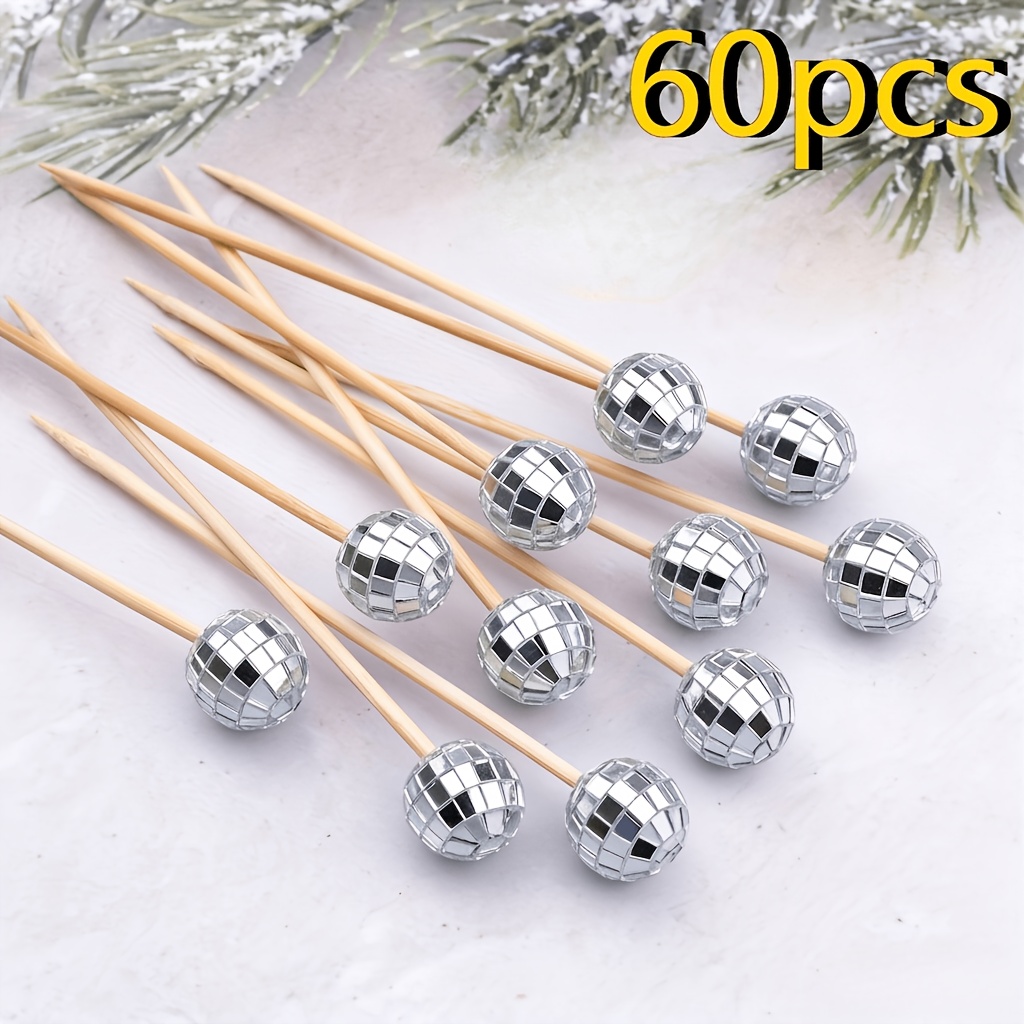 Image of 60pcs Disposable Fruit Skewers Bamboo Sticks Flower Sticks Fruit Forks Toothpicks Sticks Sandwich Sticks , Disco Ball Rooster-tail Shaped Cake Sticks