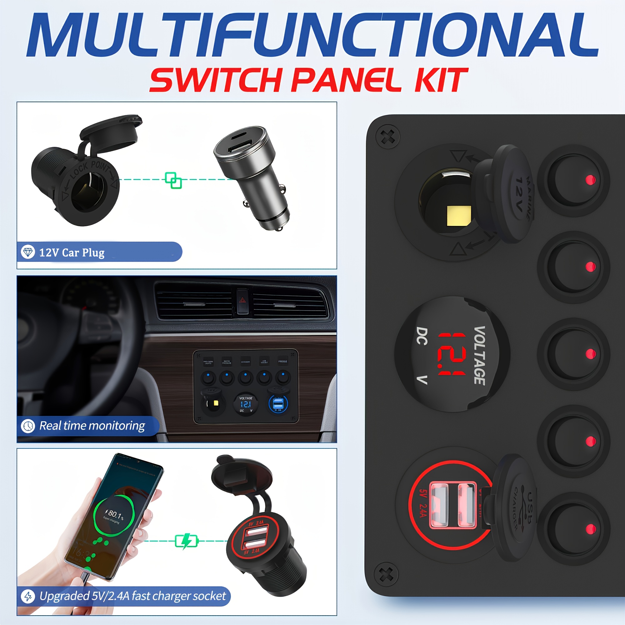 5 Gang Rocker Switch Panel Marine Switch Panel with USB Socket