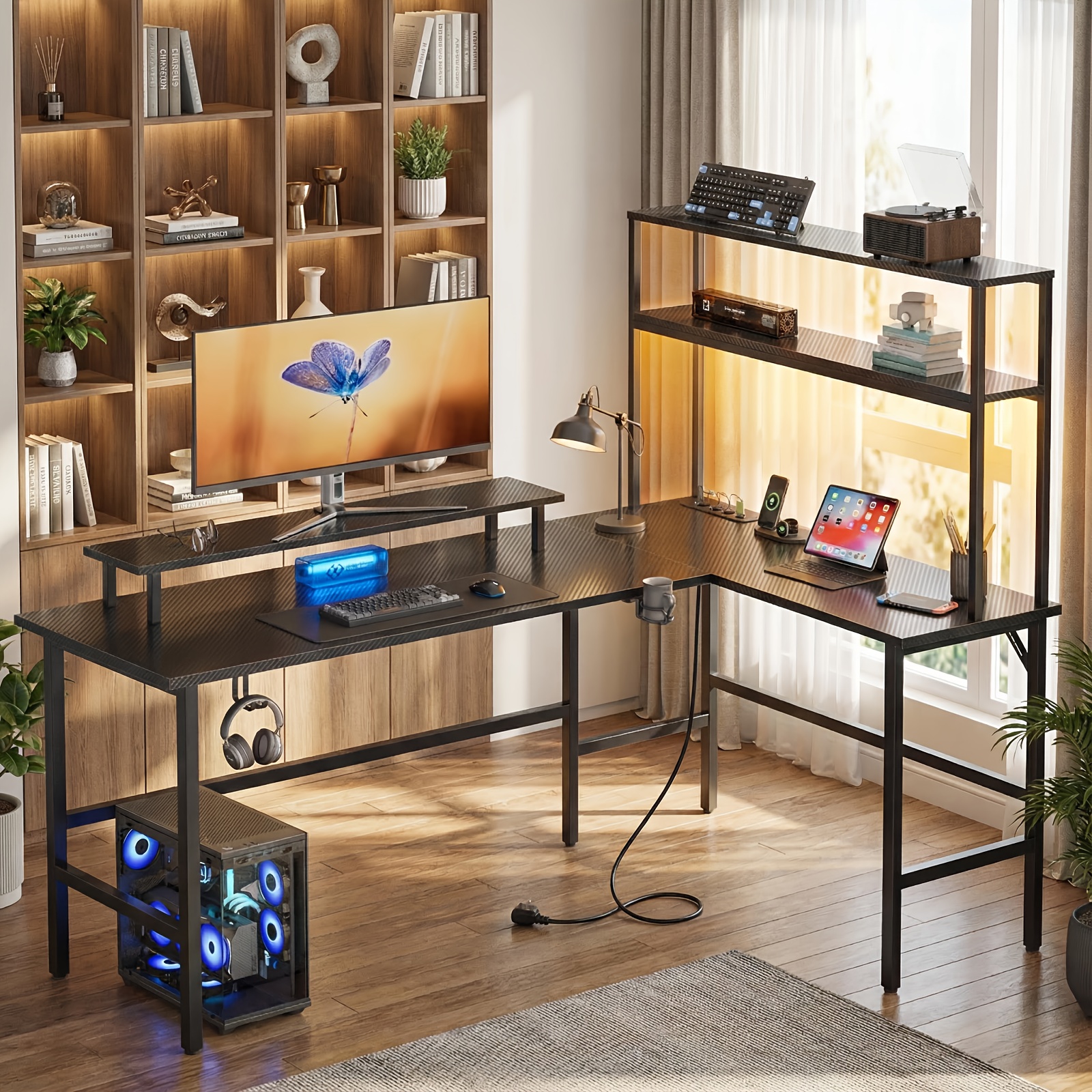 150/170cm L Shaped Gaming Desk, Reversible Computer Desk With Power Outlet And Led Light, Table Storage Shelves & Monitor Stand, Suitable For Home Office, Corner