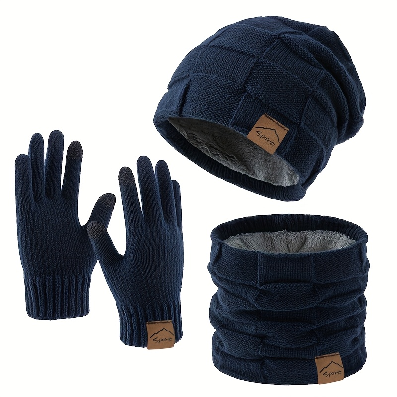 TEMU Affordable Set Winter Warm Knit Hat Neck Scarf Gloves 3pcs Set, Trendy Logo Letter Hat Neck Scarf Gloves Mixed Set, Fashionable All-match Winter