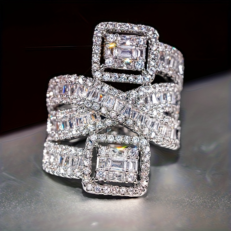 TEMU 1pc Cuy Women's Anniversary Ring - Elegant Multi-layered Jewelry With Synthetic Synthetic Zirconia Stones, April Birthstone,