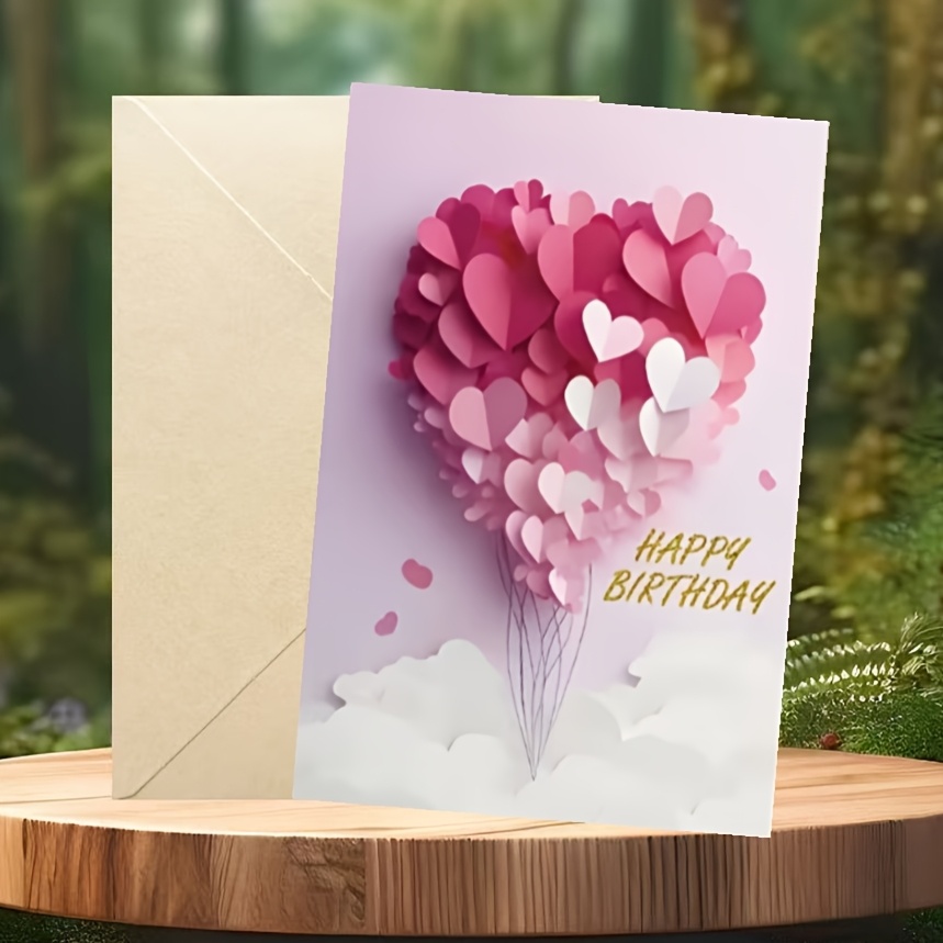 Image of 2d Flat Design Creative Heart Balloon Birthday Card With Envelope, High-quality Paper Card, Suitable For , Perfect Gift For Wife, Girlfriend, Daughter, Partner, And Mother