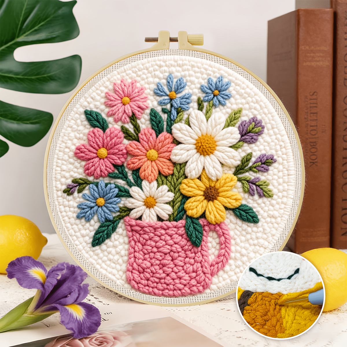 TEMU 1 Set Of 2d Adult Beginner Punching Needle Embroidery Set, 20 * 20cm/7.8 * 7.8in, With A Flower Theme In , Including Pre Printed Patterns, Yarn,