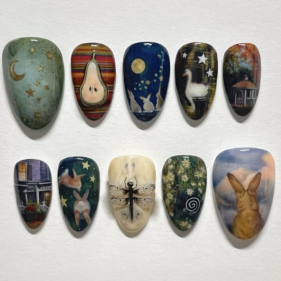 TEMU Fantasy Pastoral Style 24pcs Of Fairy Tale Pastoral Style Nails, Fashionable And Versatile, Cute Ins Bunny And Swan False Nails, Pastoral Style
